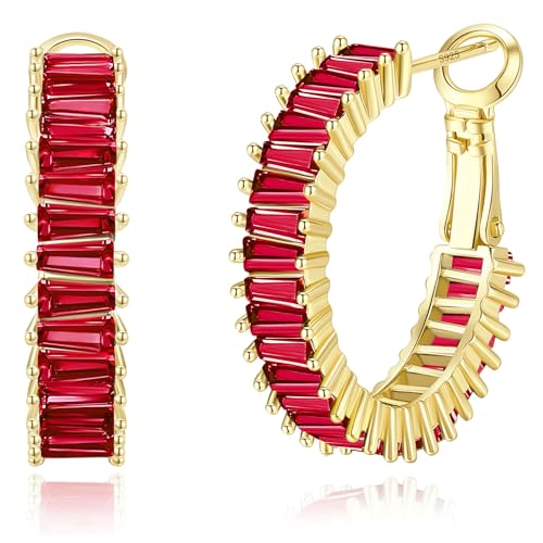Trendy 14K Gold Plated Hoop Earrings for Women, Chunky Gold/Silver Earrings for Women Cubic Zirconia Baguette Hoop Earrings Heart Hoops Lightweight Hypoallergenic Jewelry,25mm/35mm/40mm/50mm - color: 01 Gold Garnet Hoops 25mm