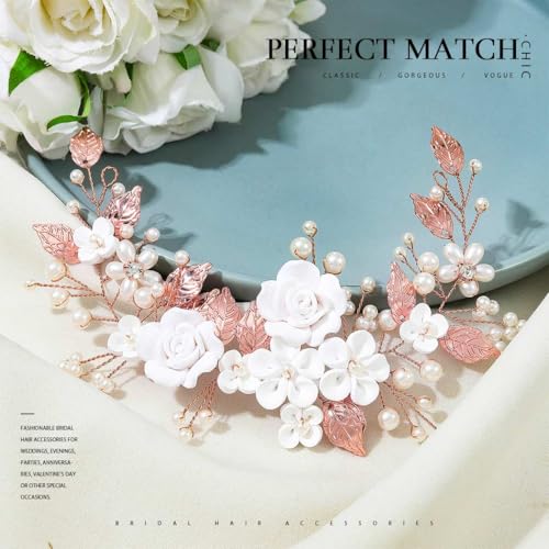 CASDRE Flower Bride Wedding Hair Vine Pearl Bridal Headpiece Leaf Hair Accessories Hair Piece for Women and Girls (C Rose Gold) - color: C Rose Gold