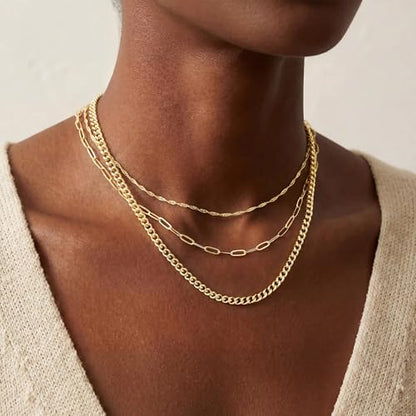 Turandoss Layered Necklaces for Women, 14K Gold Plated Chain Necklace Stack | Non Tarnish Gold Necklaces for Women, Toggle Clasp Herringbone Rope Satellite Cuban Link Chain Necklace, Trendy Jewelry Gifts - color: paperclip+cuban link+twist