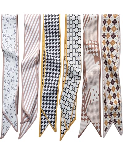 ZXZH 6 Pack Fashion Scarves for Women, Versatile Boho Head Scarf | Satin Scarf for Hair, Neck, Wrist, and Purse Accessories - color: Beige & Brown Geometric Mix