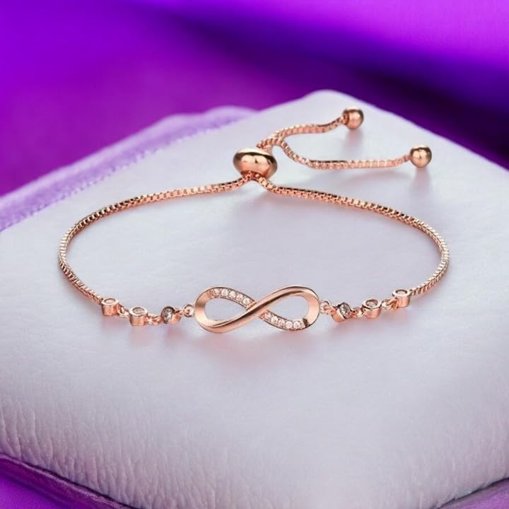 Nilu's Collection Infinity Shape Cubic Zirconia Diamond Bracelet for Women, Jewelry for Gift, Adjustable Charm Bracelet (Rose Gold Necklace + Bracelet) - color: Rose Gold