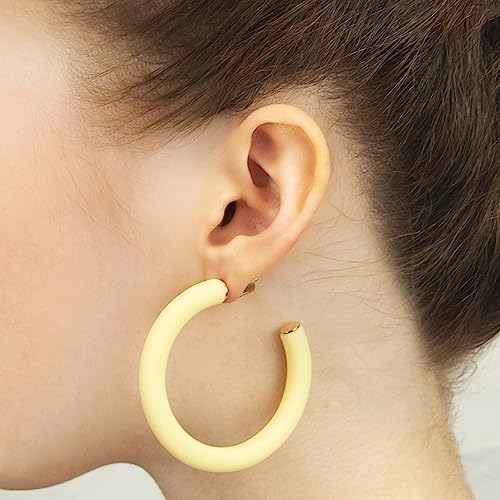 Gold Plated Multicolor Resin Chunky Thick Open Hoop Earrings in 57MM and 37.5MM Diameters - color: Yellow - Pastel - Matte Finish, size: 57MM (2.24") Diameter