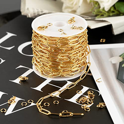 KYUNHOO 5M Gold Plated Stainless Steel Paperclip Chain for Jewelry Making | 12mm Paper Clip Link Chain Spool Embossed Jewelry Chains for Crafts with Lobster Clasps Jump Rings Accessories - color: Embossed Paperclip Gold