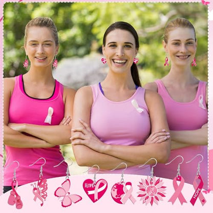 8 Pairs Breast Cancer Awareness Acrylic Earring for Women | Pink Ribbon Dangle Earrings, Breast Cancer Awareness Jewelry Gifts Activities Accessories, Lightweight Acrylic, Double Side - style: Breast Cancer Awareness