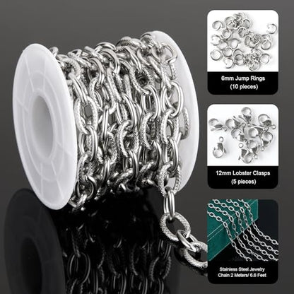 UMAOKANG Stainless Steel Chain for Jewelry Making Embossed Oval Chains Bulk | 2 Yard Silver Chain Necklace DIY for Men and Women Permanent Jewelry Supplies Findings - color: Oval (Steel)