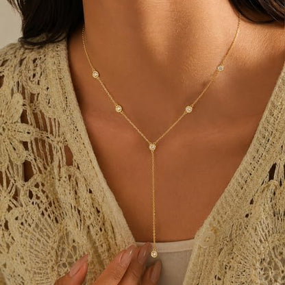 Lariat Gold Necklace for Women, 14K Gold Plated Dainty Drop Y Necklace, Waterproof Non Tarnish Long Layered Beaded Chain Lariat Necklace Prom Jewelry Summer Vacation Gift for Her - color: gold-8