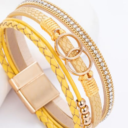 Chunky Boho Leather Wrap Bracelets Cowgirl Beaded Circle Western Jewelry | Stackable Infinity Layered Bohemian Magnetic Clasp Cuff Statement Fashion Colorful Country Hippie Outfits for Women Trendy - color: Yellow
