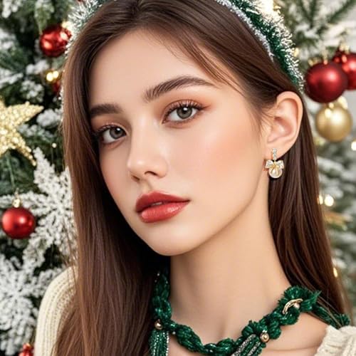 YOQUCOL Golden Bow Clip On Stub,Danle Drop Earrings for Women Simulated Pearl Christmas Xmas Bowknot Non Pierced Earrings - color: Dangle Clip-02