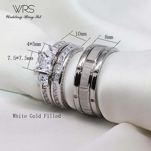 His Hers Wedding Ring Sets Couples Matching Rings Women's 10k White Gold Filled Square CZ Wedding Engagement Ring Bridal Sets & Men's Tungsten Carbide Wedding Band - style: women's size 5.5 & men's size 11