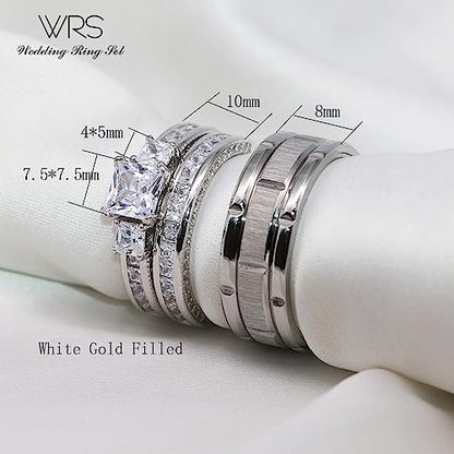 His Hers Wedding Ring Sets Couples Matching Rings Women's 10k White Gold Filled Square CZ Wedding Engagement Ring Bridal Sets & Men's Tungsten Carbide Wedding Band - style: women's size 5.5 & men's size 11