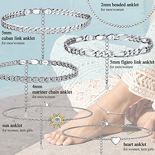 PROSILVER 925 Sterling Silver Ankle Bracelets For Women, Stylish Chain Anklets, Summer Beach Jewelry, 8.6-10.6 Inch Adjustable, Come with Box - style: 03 Figaro Anklet-5mm