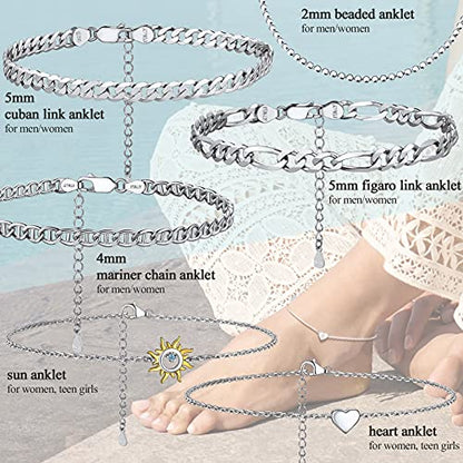 PROSILVER 925 Sterling Silver Ankle Bracelets For Women, Stylish Chain Anklets, Summer Beach Jewelry, 8.6-10.6 Inch Adjustable, Come with Box - style: 03 Figaro Anklet-5mm
