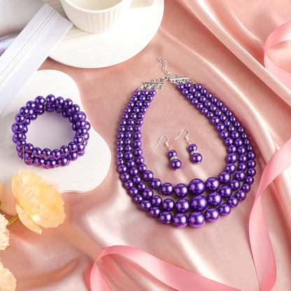 Haysandy Pearl Jewelry Set for Women 20s Jewelry Gift | Retro Layered Necklace Bracelet Earring, Costume Accessories for Derby Wedding Prom Party, Dress Matching Occasions - color: Bright Purple
