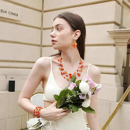 Coiris 3 Layers Illusion Wire Beaded Statement 19.5" Necklace for Women - color: ST0001-Orange