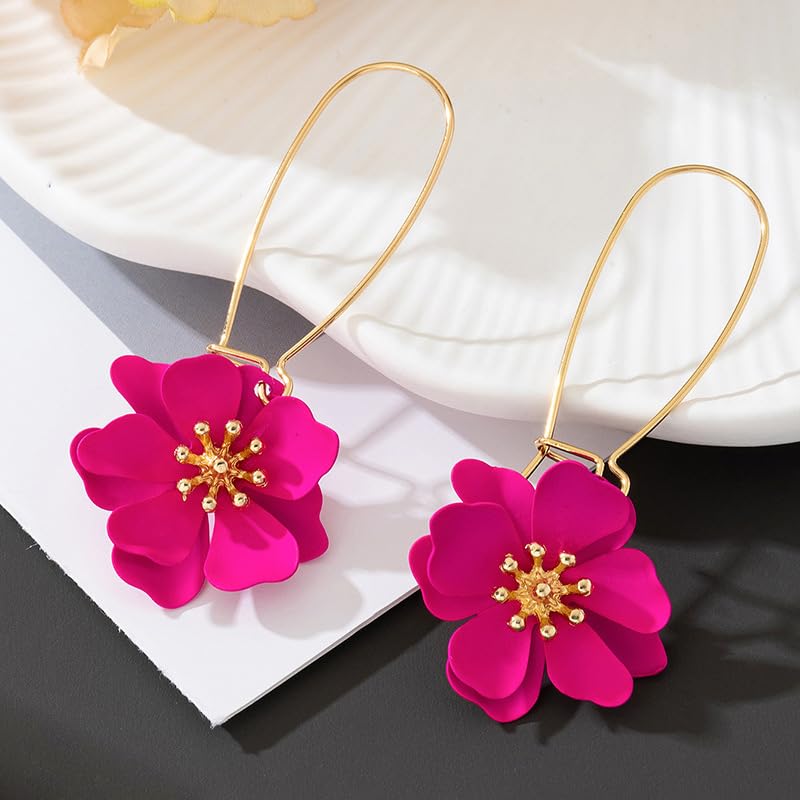 WCRAZYE Bohemian Daisy Flower Earrings Necklace Sets for Women Unique Trendy Boho Matte 3D Gold Flower Floral Petal Statement Earring Wedding Jewelry - color: Rose Red