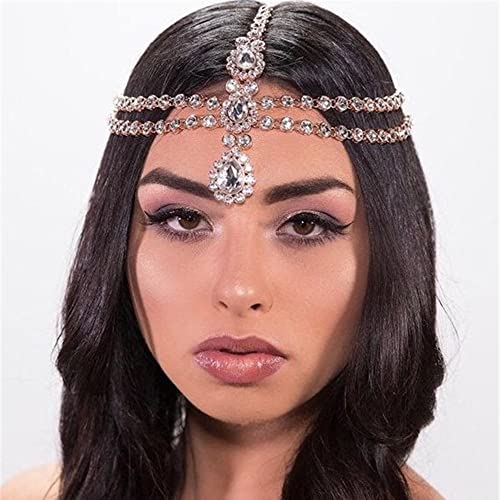 Bohemian Full Silver Rhinestone Chain Claer Crystal Head Chain Clip Drop Pendant HeadPieces Forehead Headband Hair Accessories for Wedding Brides Party Prom Costume (Silver) - color: Silver