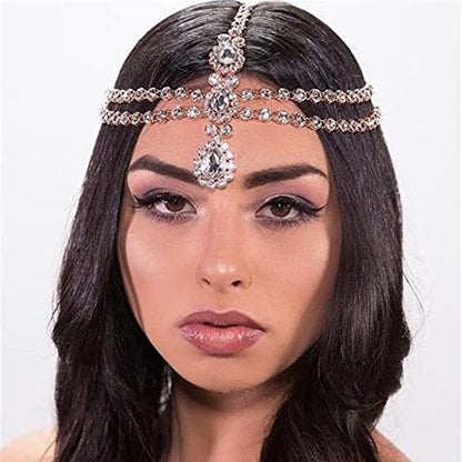 Bohemian Full Silver Rhinestone Chain Claer Crystal Head Chain Clip Drop Pendant HeadPieces Forehead Headband Hair Accessories for Wedding Brides Party Prom Costume (Silver) - color: Silver