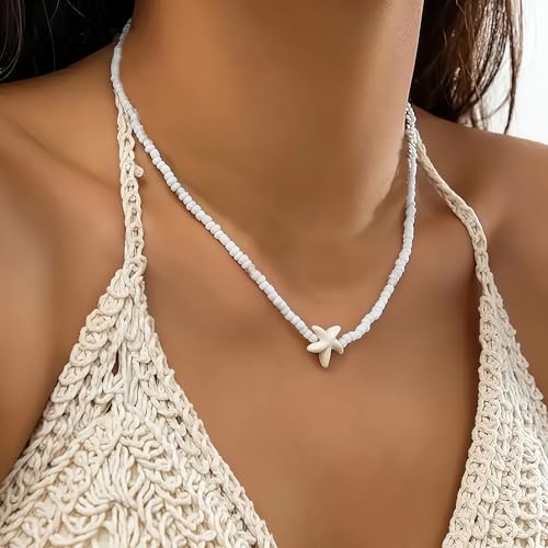 Nackiy Shell Necklace for Women, Handmade Summer Beach Jewelry Gift | Natural Sea Shell Necklace, Adjustable Collar Fit, Coastal Beach Style, Shell Starfish Charms, Lightweight Summer Jewelry - color: Beige 3