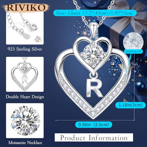 RIVIKO 1 Carat Moissanite Heart Initial Necklace for Women,Letter Pendant | 925 Sterling Silver Chain,Personalized Jewelry,Anniversary Birthday Gifts for Wife Friend Mom - color: Letter R