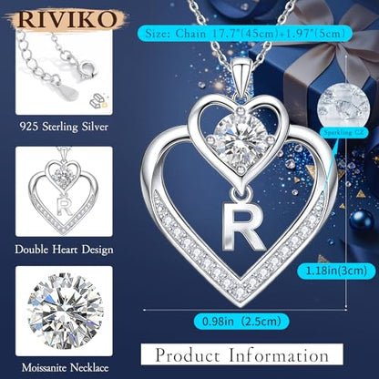 RIVIKO 1 Carat Moissanite Heart Initial Necklace for Women,Letter Pendant | 925 Sterling Silver Chain,Personalized Jewelry,Anniversary Birthday Gifts for Wife Friend Mom - color: Letter R