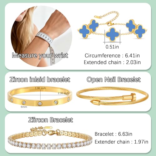 Gold Bracelets for Women, 18K Gold Plated Women Tennis Bracelets Clover Nail Love Bangle Bracelet Set, Gold Bracelet Stackable Set Trendy Jewelry, Gifts for Women's Day and Mother's Day - color: 13-Color- 4 Blue