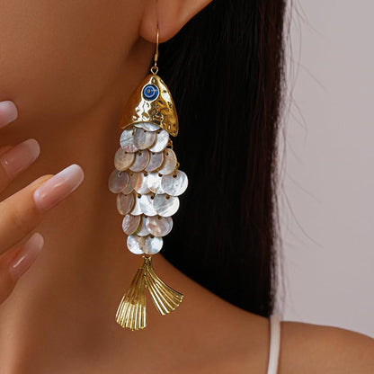 Boho Articulated Fish Drop Earrings for Women - Gold Tone Shimmering Resin Scale Dangle Earrings with Blue Evil Eye Charm, Lightweight Faux Shell Ocean Animal Jewelry Gift for Her Mom Wife