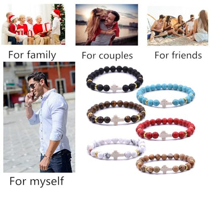 Beaded Bracelets Cross Bracelet for Women Men Lava Rock Turquoise Tiger Eye Natural Bracelet Anxiety Healing - color: 6 Pcs- white cross 1
