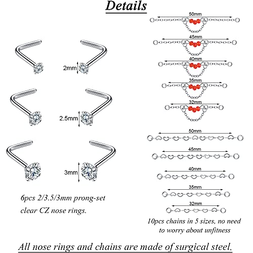 PunkTracker 20G Nose Rings 2mm 2.5mm 3mm CZ Nose Studs | with Chains Surgical Steel Nose Piercing Jewelry Nose Ring Studs - style: Silver, Nose Screw, B