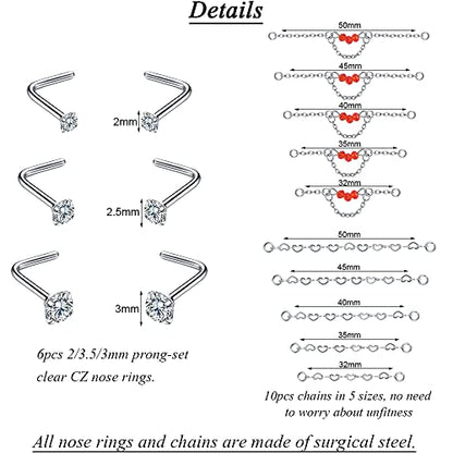 PunkTracker 20G Nose Rings 2mm 2.5mm 3mm CZ Nose Studs | with Chains Surgical Steel Nose Piercing Jewelry Nose Ring Studs - style: Silver, Nose Screw, B