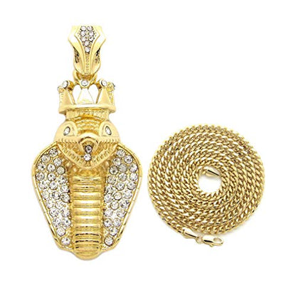 Fashion 21 Unisex Iced Out King Crowned Cobra Snake Pendant 24" Various Chain Necklace in Gold, Silver Tone - color: Gold / 3mm 24" Cuban Chain