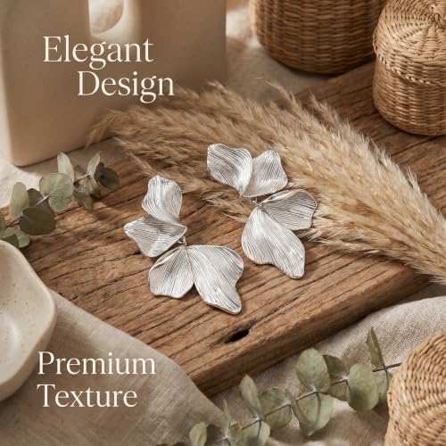 Chunky Gold Plated Flower Statement Drop Earrings for Women | Hypoallergenic 18K Gold Plated Textured Petal Wing, Large Statement Dangle Earrings for Wedding Party - color: silver