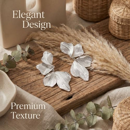Chunky Gold Plated Flower Statement Drop Earrings for Women | Hypoallergenic 18K Gold Plated Textured Petal Wing, Large Statement Dangle Earrings for Wedding Party - color: silver