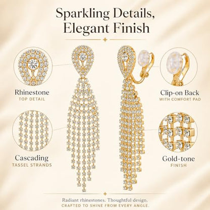 Rhinestone Clip on Earrings for Women Gold/Silver Prom Dresses 2026 Sparkly Chandelier Long Earrings Wedding Guest Jewelry - color: A:Gold Chandelier Clip on