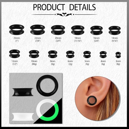 16Pcs Silicone Ear Gauges 8G-25mm Flexible Ear Tunnels Gauges Soft Expander Stretching Ear Plugs Tunnels Black & White & Clear Earring Piercings Jewelry for Men Women - color: Black&White, size: 0G(8mm)