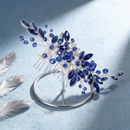 Flower Leaf Design Wedding Hair Comb, Metal Bridal Hair Accessory with Rhinestone, Wedding Prom Hair Clip Headpiece for Women (Blue White Flower) - color: Blue White Flower