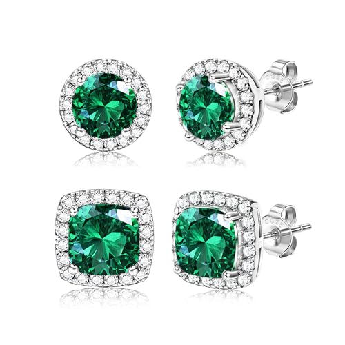 18K Gold Plated Halo Stud Earrings 925 Sterling Silver Cubic Zirconia Stud Earrings Round Square Diamonique Stud Earrings Set for Women Men - color: Silver&Green