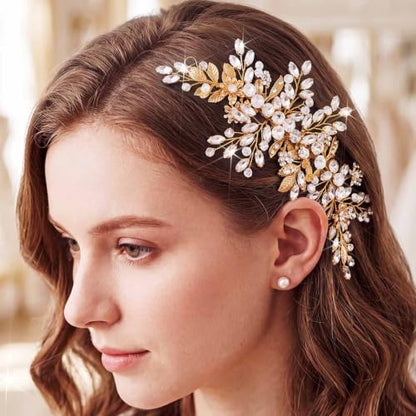 Rhinestone Wedding Hair Comb Gold Floral Bridal Hair Piece Crystal Hair Accessories for Women (Gold) - color: Gold