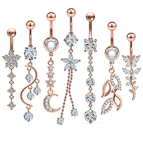 7PCS 14G 10mm Stainless Steel Dangle Belly Button Rings for Women Belly Piercing CZ Inlaid - style: Rose Gold