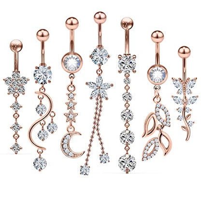 7PCS 14G 10mm Stainless Steel Dangle Belly Button Rings for Women Belly Piercing CZ Inlaid - style: Rose Gold