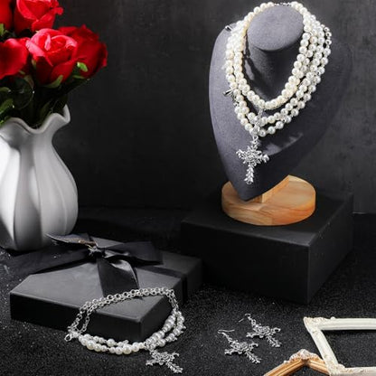 Tondiamo 3 Pcs Gothic Jewelry Set Cross Necklace for Women Goth Earrings Bracelet Layered Y2k Choker Costume Accessory - color: Silver, style: Pearl Style