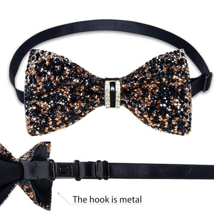 DiBanGu Mens Rhinestone Bow Tie with Ring and Lapel Pin Set | Adjustable Strap,Pre-tied Style,3PCS,Sequin Diamond Bowties，Solid/Mix Color,Shiny Accessory,for Party Prom Banquet Wedding - color: Black and Gold
