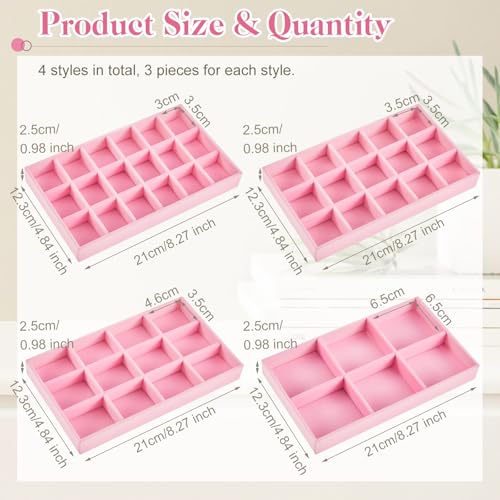 12 Pcs Jewelry Tray Velvet Stackable Jewelry Organizer Trays Divided Earring Accessories Storage Containers Box (Rose Red) - color: Pink