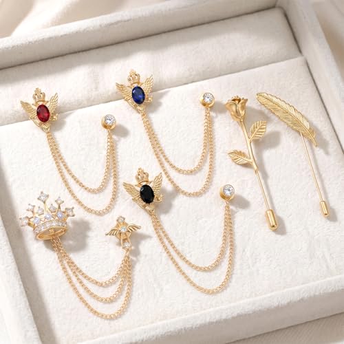 Yuanchu 6 PCS Brooch Pin, Crystal Crown Brooches Pins | Brooch Pin with Chain Tassel Rose Lapel Pins Suit Tuxedo Brooches for Men