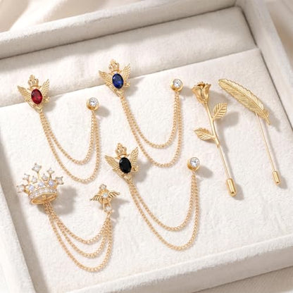 Yuanchu 6 PCS Brooch Pin, Crystal Crown Brooches Pins | Brooch Pin with Chain Tassel Rose Lapel Pins Suit Tuxedo Brooches for Men