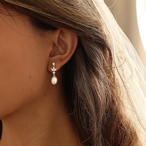 Pearl Earrings for Women:Gold Wedding Dangle Drop Earring Pearl Jewelry | 14K Gold Plated Pearl Drop Earrings for Women,Dainty Wedding Bride Earring Studs,Gold Dangle Drop Earring,Waterproof Jewelry - size: 1 pcs-14