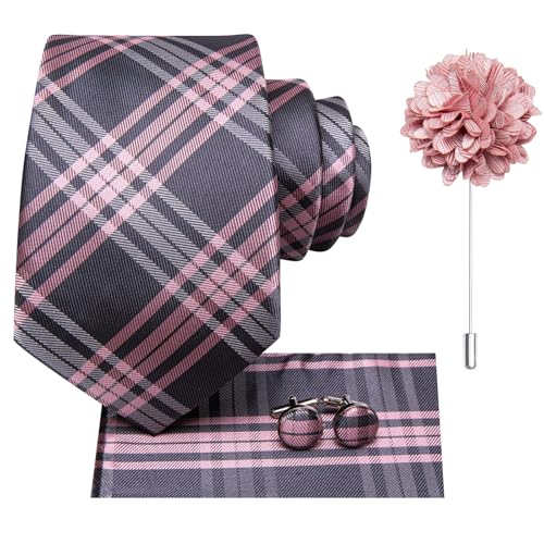 Hi-Tie Men's Silk Ties Formal Woven Classic Necktie Pocket Square Cufflinks Lapel Pin Set Wedding Business - color: A Grey and Pink