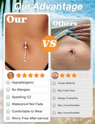 FIBO STEEL 8Pcs Belly Button Ring for Women Dangle Belly Rings Surgical Steel Cute Heart Flower Dainty Dangly Belly Button Piercing Jewelry Navel Ring Silver Plated 14G