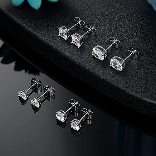 CZ Stud Earrings Set 4 Pairs, Multiple Shapes - Round Heart Princess Cut Oval Clear Cubic Zirconias, White Gold/Rose Gold/Gold - color: White Gold