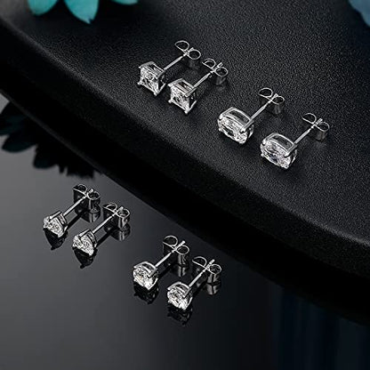 CZ Stud Earrings Set 4 Pairs, Multiple Shapes - Round Heart Princess Cut Oval Clear Cubic Zirconias, White Gold/Rose Gold/Gold - color: White Gold