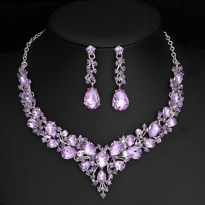 Molie Bridal Austrian Crystal Necklace and Earrings Jewelry Set Gifts fit with Wedding Dress - color: 4Pcs/Set-Light Purple